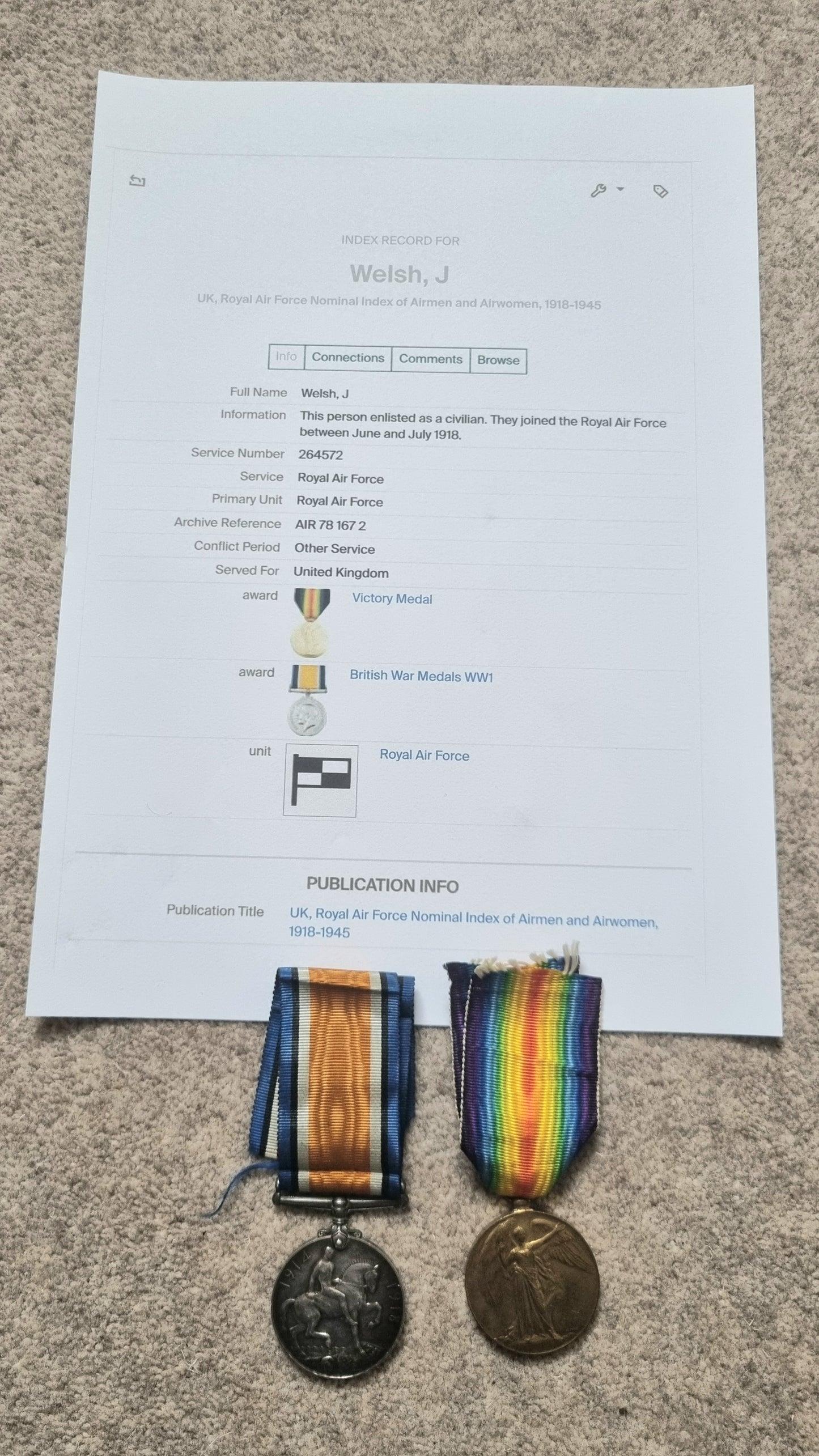 SOLD! WW1 British Medal Duo Private J Welsh Royal Air Force RAF