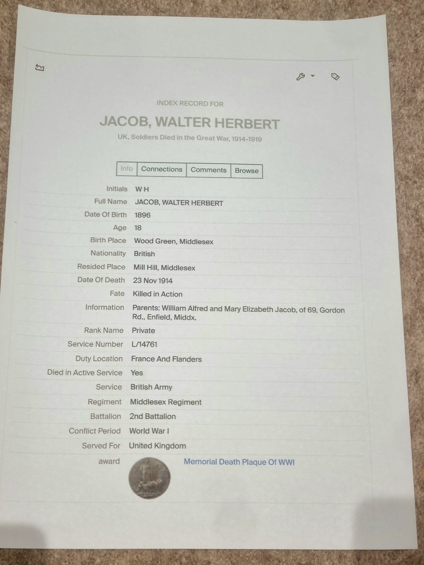 WW1 British Army Death Plaque WALTER HERBERT JACOB - the 2nd Casualty of the entire Middlesex Regt 1914
