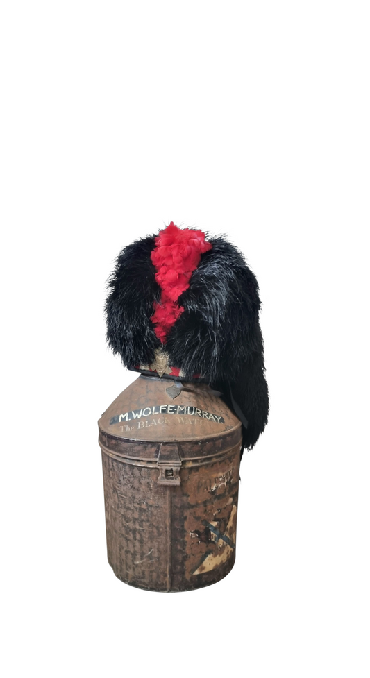 WW2 Black Watch 5 Tail feather bonnet & Tin For Major Malcolm Wolfe-Murray