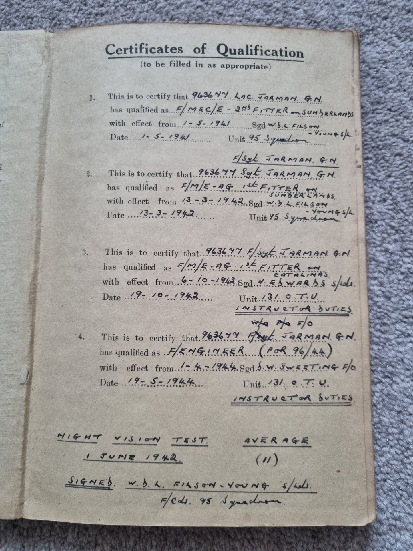 SOLD! WW2 Indian Airforce Flying Log Book to Gerald Jarman, Air Gunner/Observer, Anti Submarine Warfare