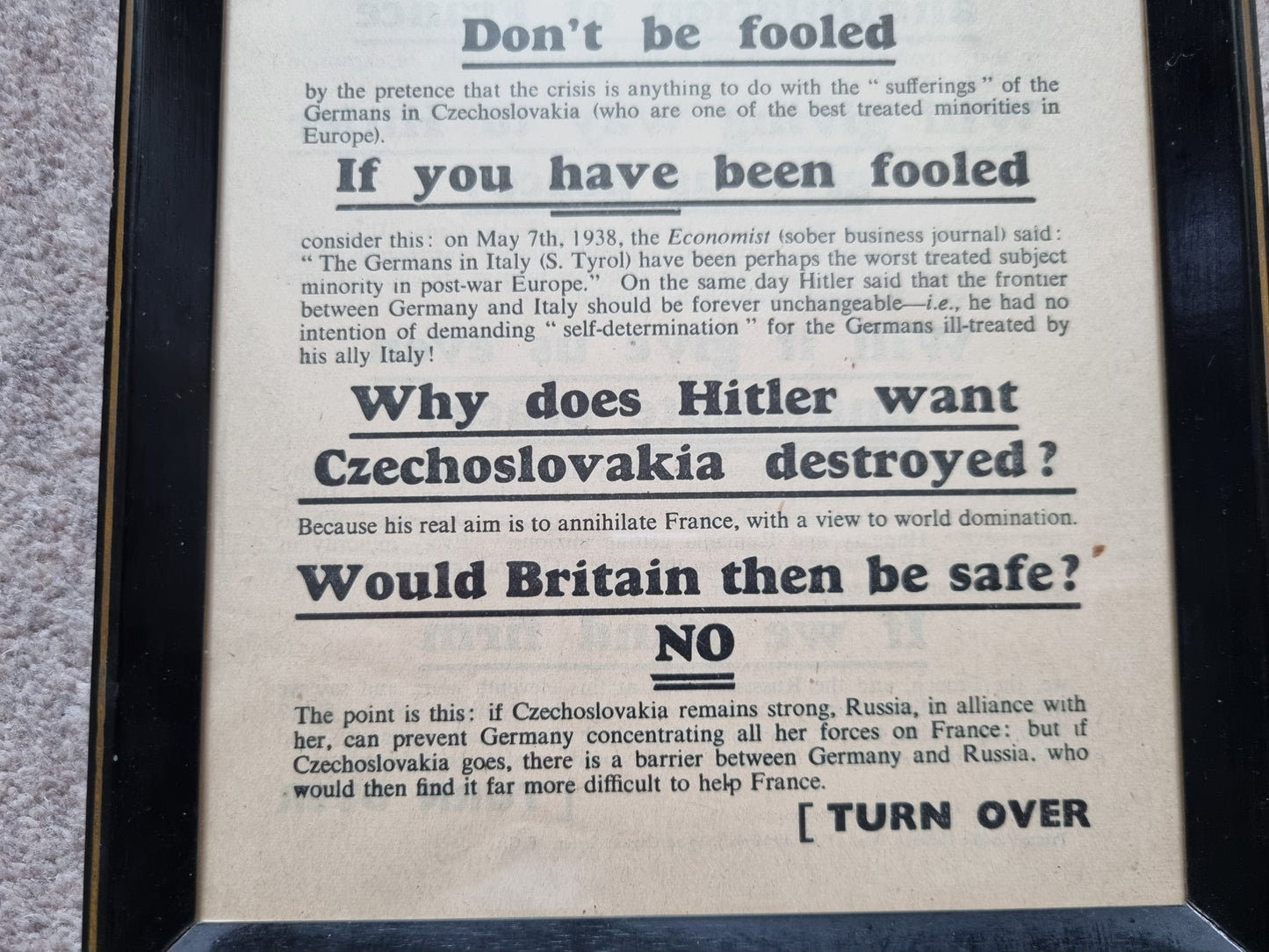 SOLD! WW2 British Two Sided Propaganda Leaflet "THE HITLER MENACE" 1938
