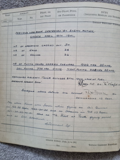 SOLD! WW2 RAF Flying Log Book to RW Durrant Observer Engineer Bombers, Tobruk Interest