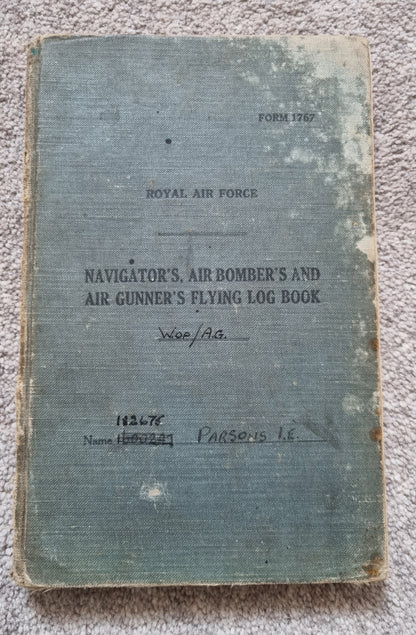 WW2 RAF Flying Log Book to Air Gunner I. E. Parsons with 37 Bombing Operations including DDAY with Combat Reports