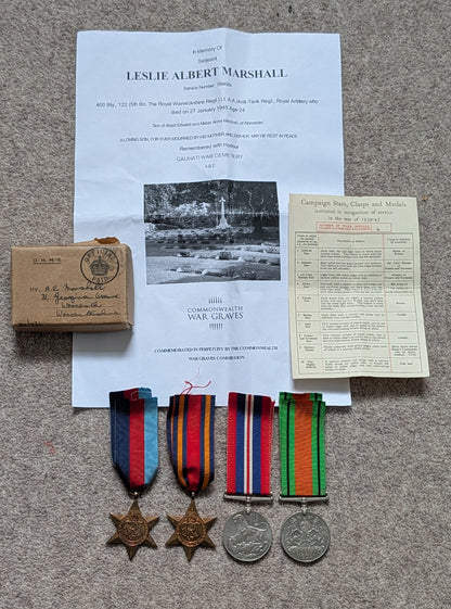 SOLD! WW2 Casualty KIA 4 Medal Group Issue Box & Award Slip LESLIE ALBERT MARSHALL