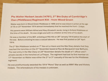 WW1 British Army Death Plaque WALTER HERBERT JACOB - the 2nd Casualty of the entire Middlesex Regt 1914