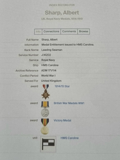 WW1 Trio Long Service & Good Conduct Medal Set to Leading Seaman Albert Victor Sharp- HMS Caroline (Jutland Interest)