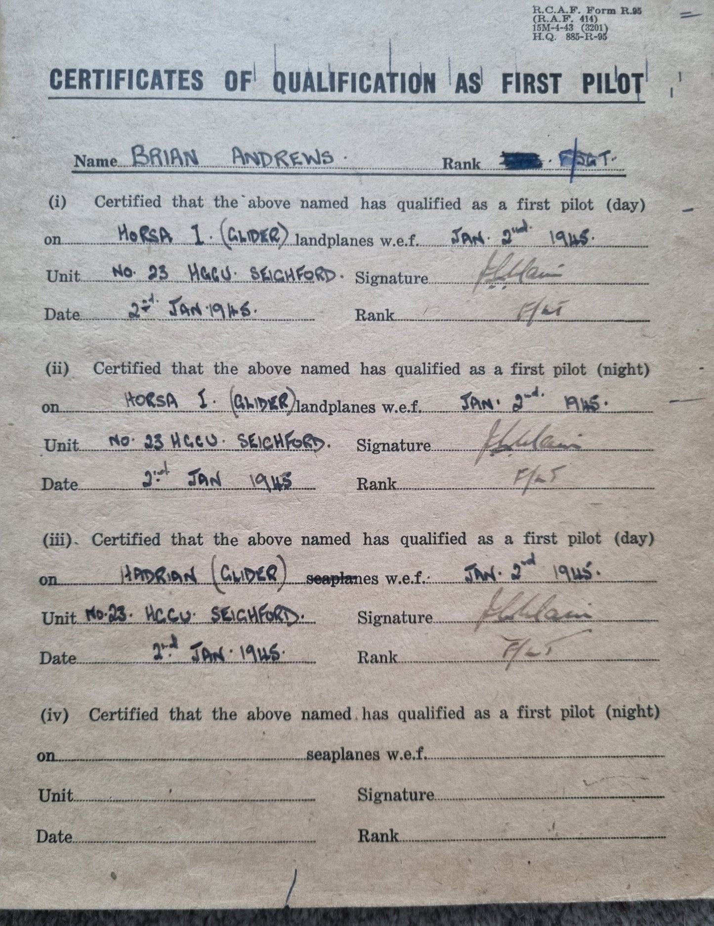 SOLD! Rare WW2 Glider Pilot RCAF Flying Log Book to Brian Andrews, Operation Varsity