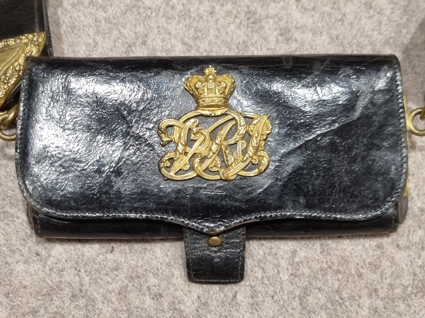 Victorian British Indian Army Patent Black Leather Gilt VRI CrossBelt