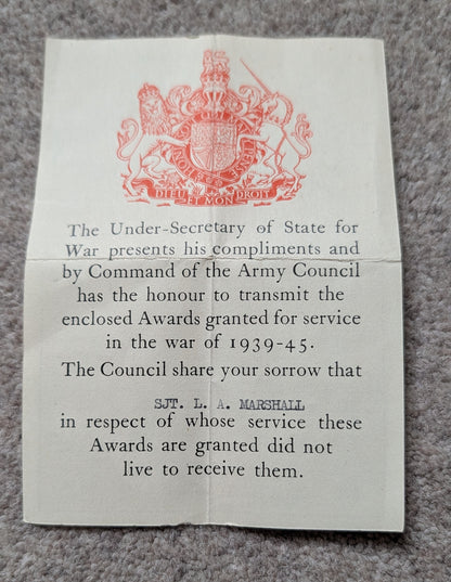 SOLD! WW2 Casualty KIA 4 Medal Group Issue Box & Award Slip LESLIE ALBERT MARSHALL