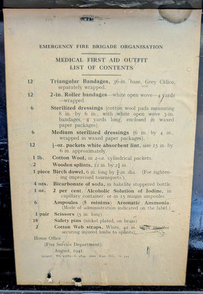 WW2 Emergency Fire Brigade Medical First Aid Tin Box with Contents 1941