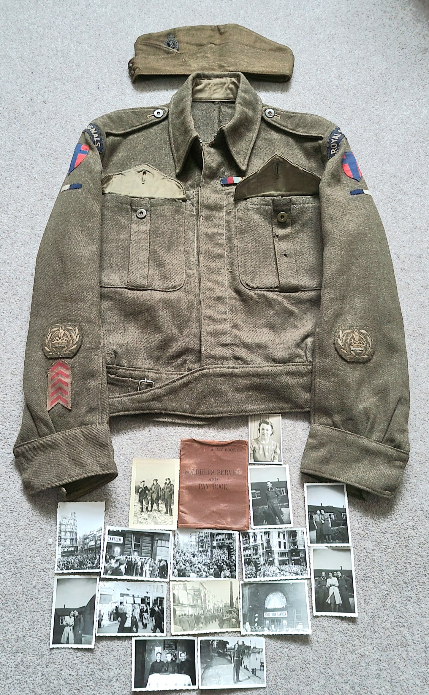 SOLD! WW2 ROYAL SIGNALS CANADIAN MADE BATTLEDRESS + SIDECAP + VE DAY PHOTOS TO THE SAME SOLDIER