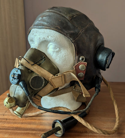 WW2 RAF TYPE C FLYING HELMET, RECEIVERS & WIRING LOOM + TYPE H MASK