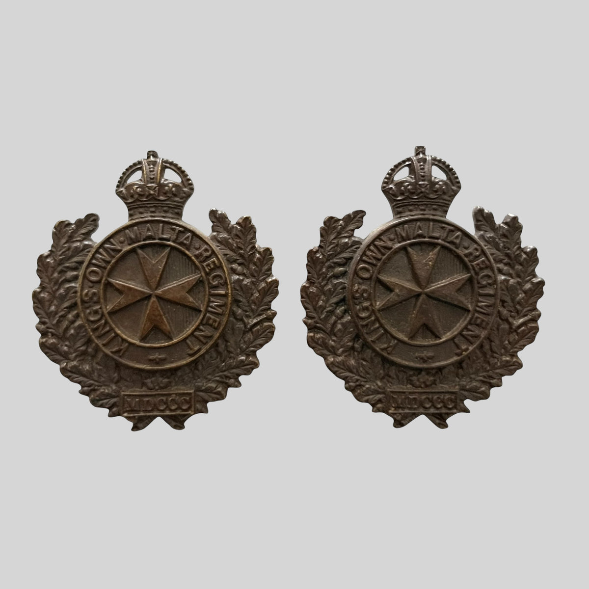 Rare WW2 Kings Own Malta Regiment Officer's Bronze Collar Badge Pair
