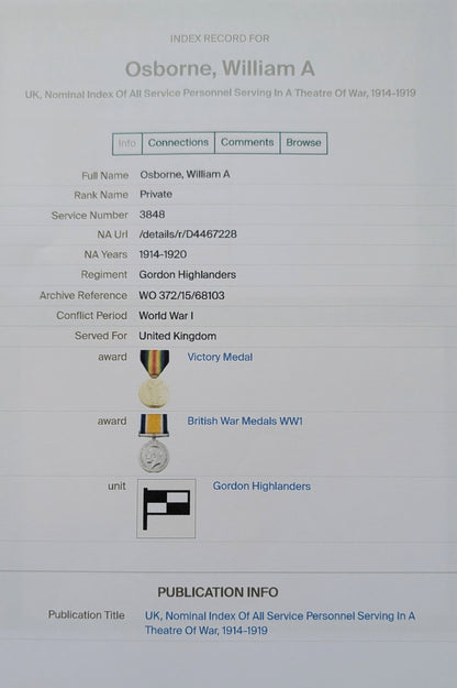 WW1 British Army Gordon Highlanders Sporran & WW1 War Medal - Both Named to William A Osborne