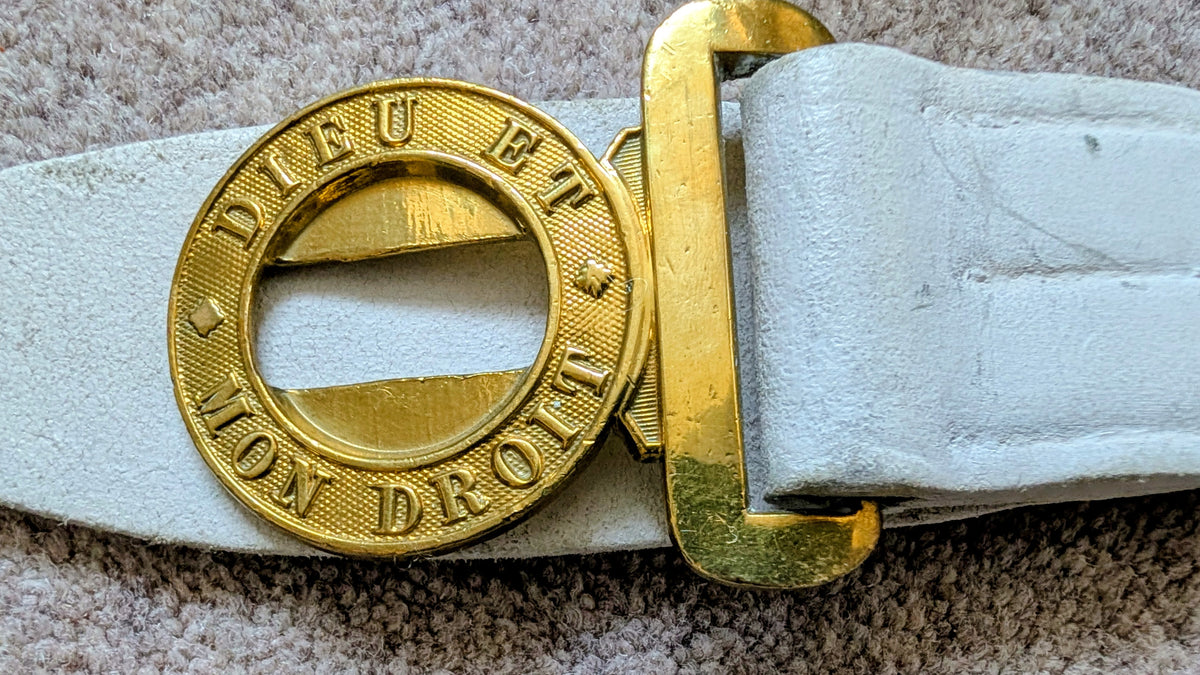 British Army BUFF LEATHER BELT - Brass Kings Crown "Dieu Et Mon Droit" Buckle