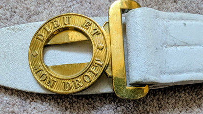 British Army BUFF LEATHER BELT - Brass Kings Crown "Dieu Et Mon Droit" Buckle