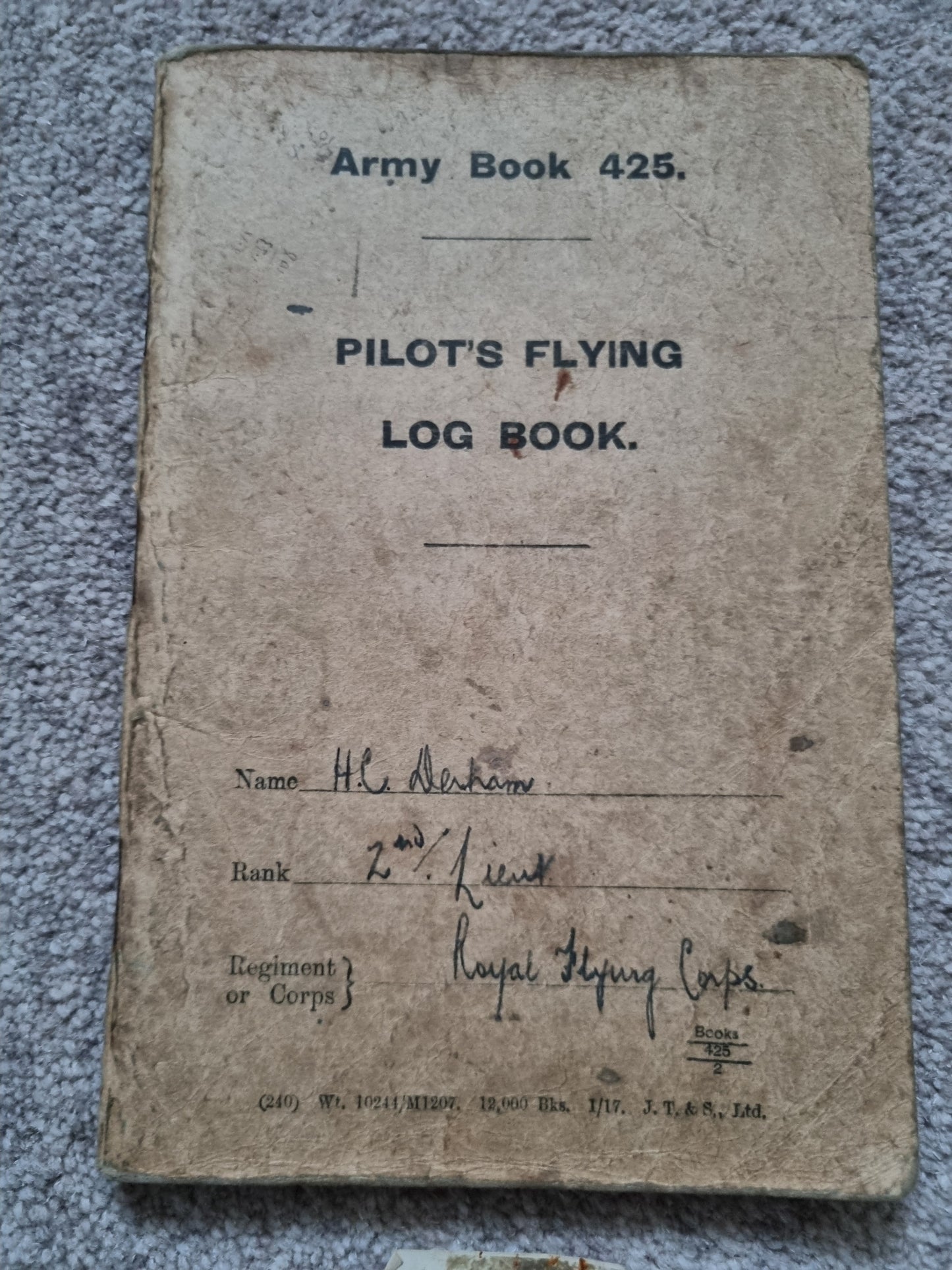 SOLD! WW1 RFC Flying Log Book Photo & RFC Papers to 2nd Lieut H C Derham