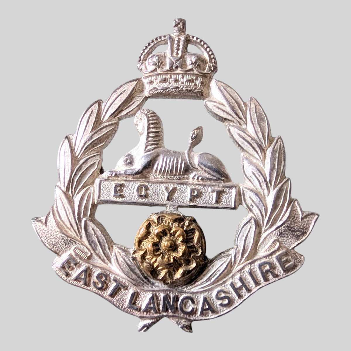 Rare & Fine East Lancashire Regt Silver & Gilt Kings Crown Cap Badge