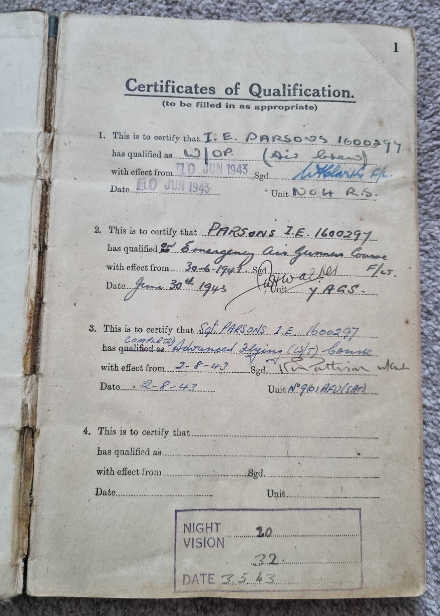 WW2 RAF Flying Log Book to Air Gunner I. E. Parsons with 37 Bombing Operations including DDAY with Combat Reports