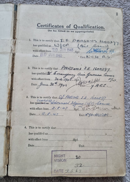 WW2 RAF Flying Log Book to Air Gunner I. E. Parsons with 37 Bombing Operations including DDAY with Combat Reports