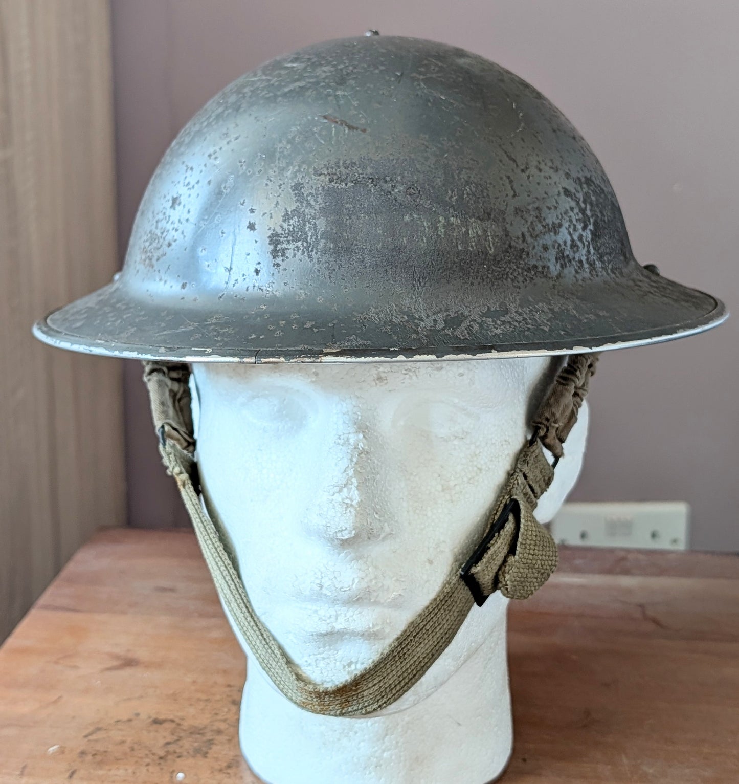 WW2 Grey / Green Brodie Helmet Dated 1940 Possibly Royal Navy with partial Decal