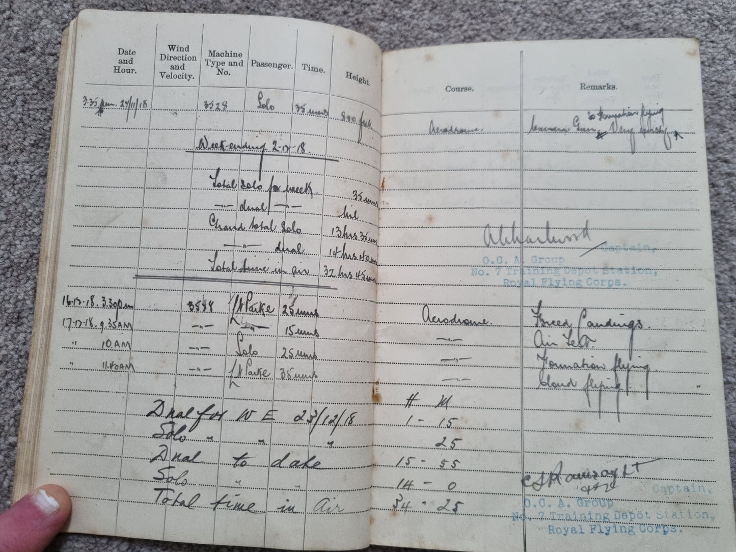 SOLD! WW1 RFC Flying Log Book Photo & RFC Papers to 2nd Lieut H C Derham