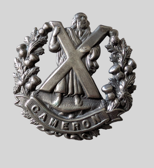 WW2 Era Cameron Highlanders White Metal Cap Glengarry Badge