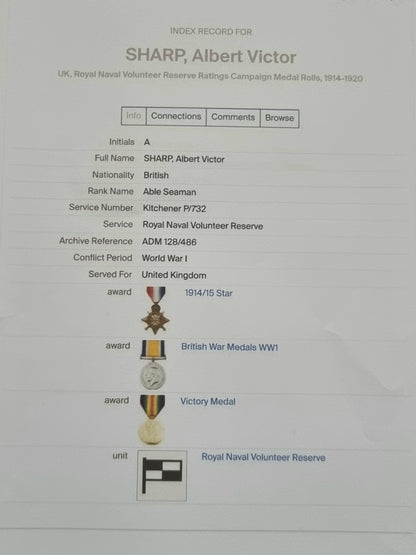 WW1 Trio Long Service & Good Conduct Medal Set to Leading Seaman Albert Victor Sharp- HMS Caroline (Jutland Interest)