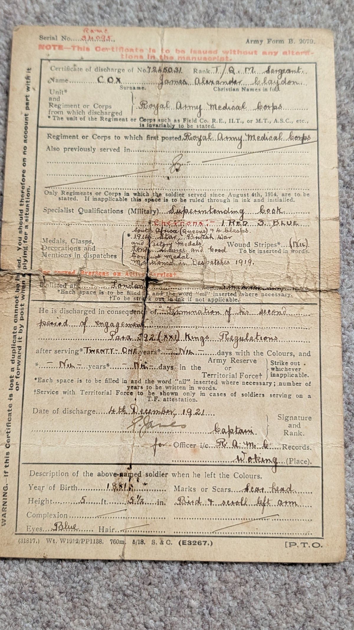 Boer War, WW1 & WW2 Medal Quintet & Service Papers QMS JAMES ALEXANDER COX RAMC Cook MID