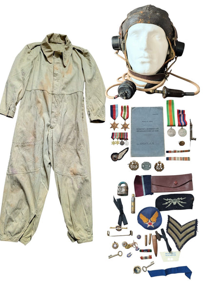 WW2 RAF Flying Suit, Helmet, Flying Log Book, Medals Set - F G CROFT