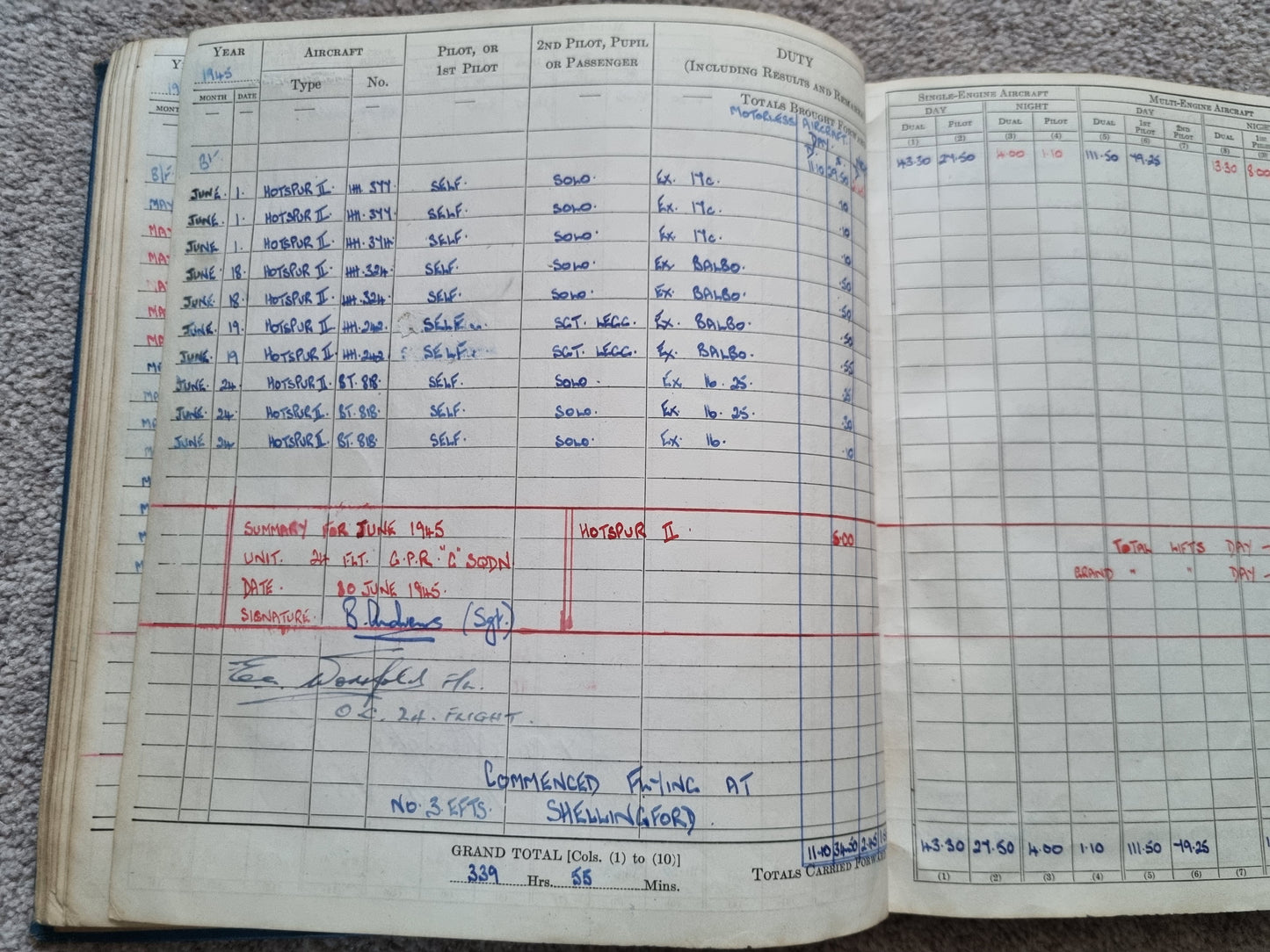 SOLD! Rare WW2 Glider Pilot RCAF Flying Log Book to Brian Andrews, Operation Varsity