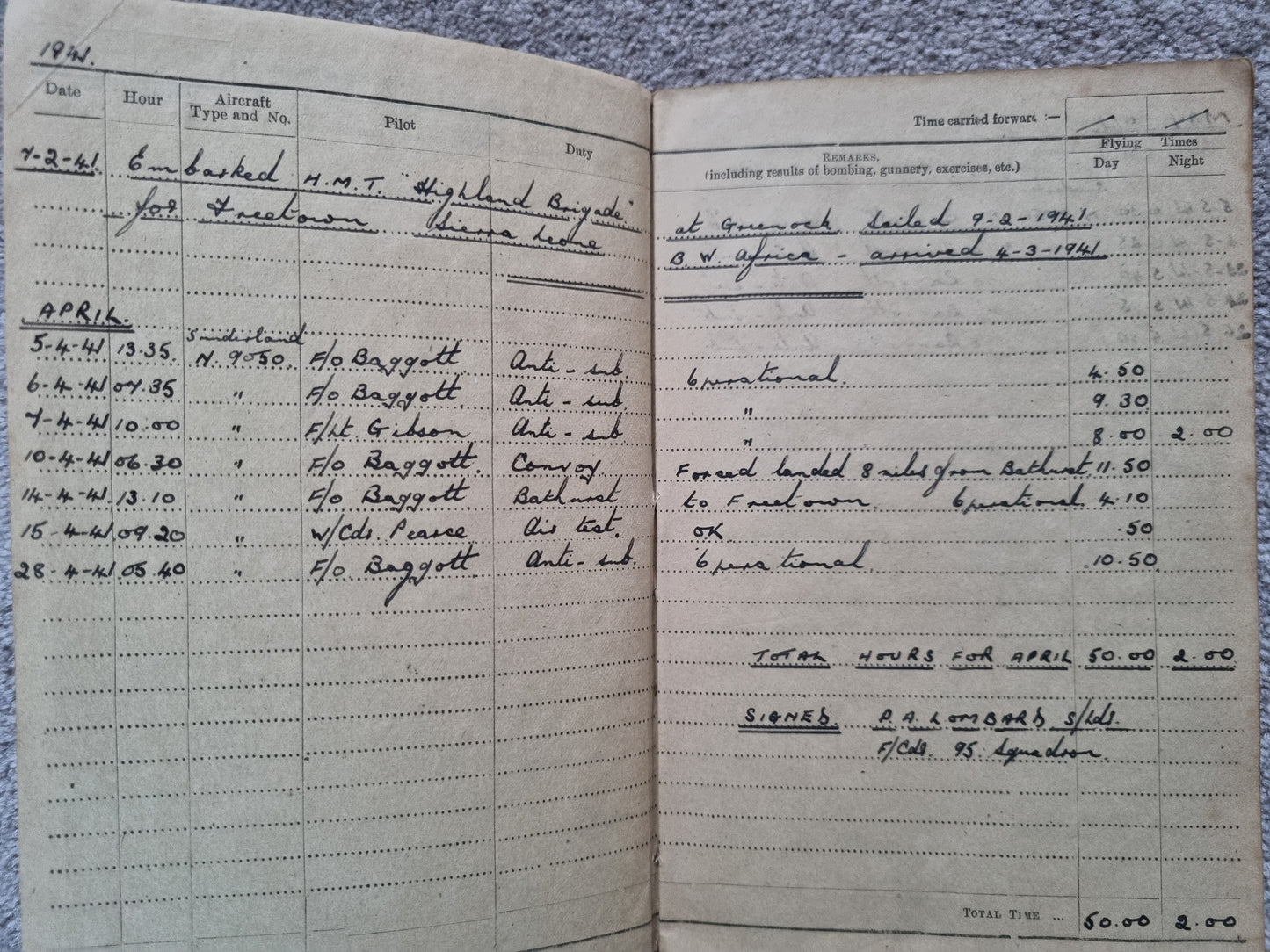 SOLD! WW2 Indian Airforce Flying Log Book to Gerald Jarman, Air Gunner/Observer, Anti Submarine Warfare