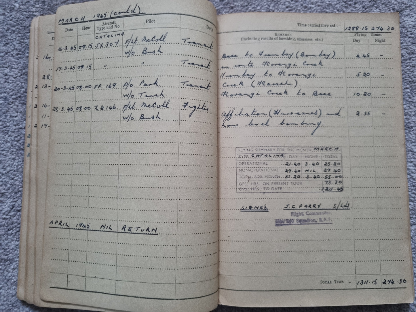 SOLD! WW2 Indian Airforce Flying Log Book to Gerald Jarman, Air Gunner/Observer, Anti Submarine Warfare