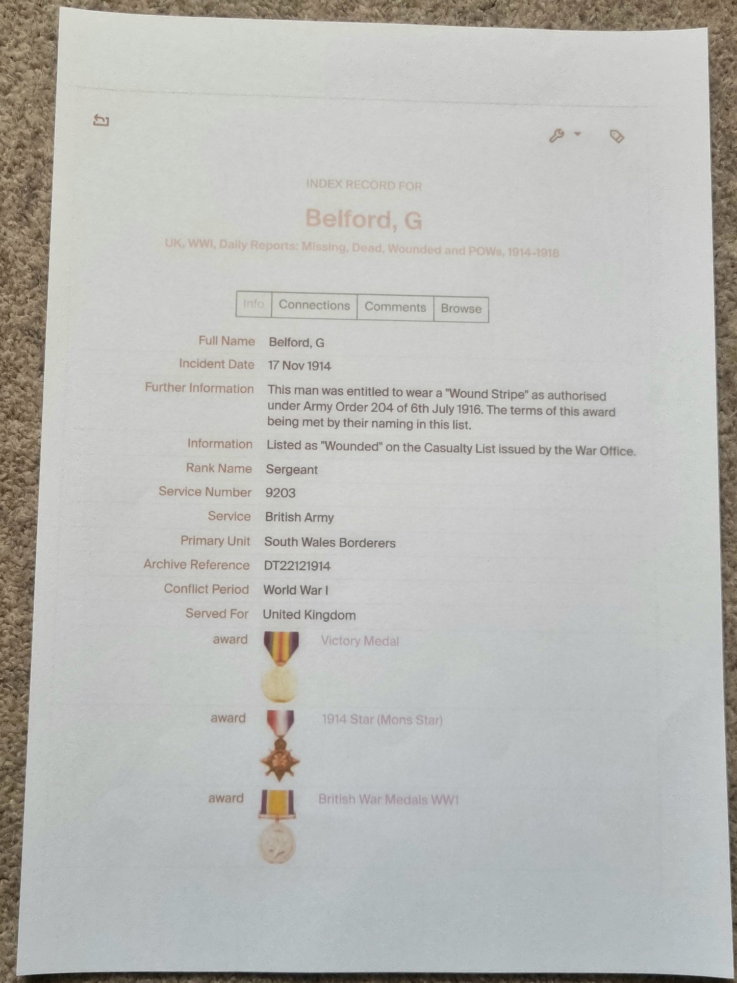 SOLD! WW1 4 Medal Group Mons Star with 5th Aug Clasp and LS&GC medal - George Belford 1 Btn South Wales Borderers BEF Wounded 17th Nov 1914