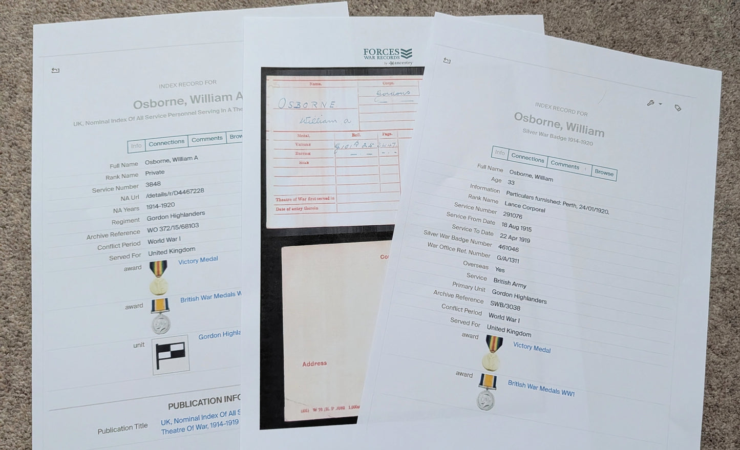 WW1 British Army Gordon Highlanders Sporran & WW1 War Medal - Both Named to William A Osborne