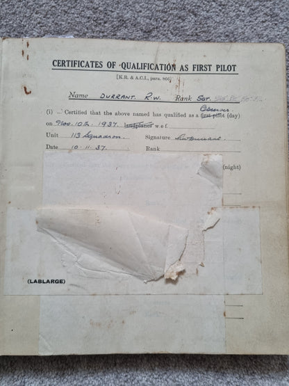 SOLD! WW2 RAF Flying Log Book to RW Durrant Observer Engineer Bombers, Tobruk Interest