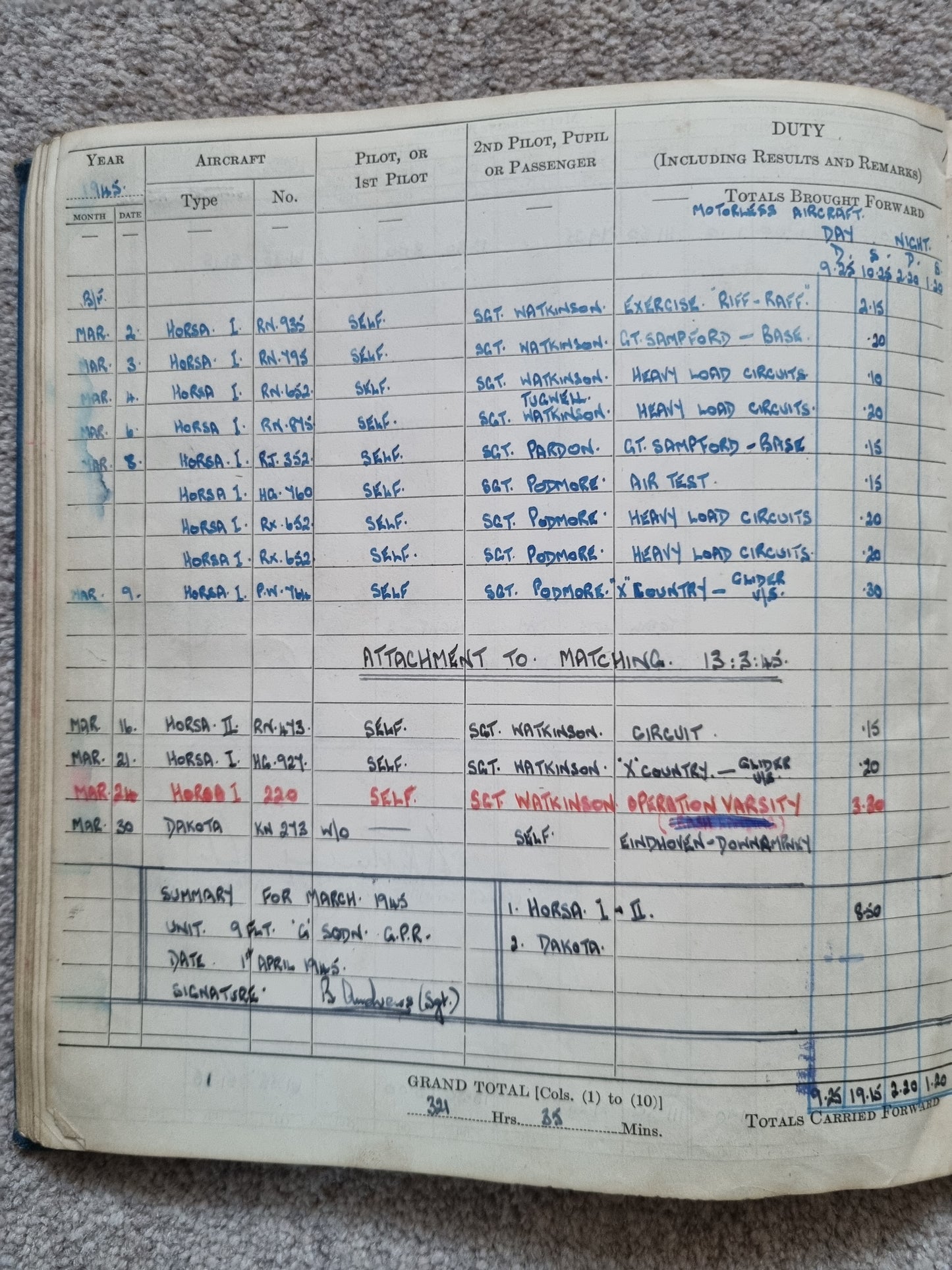 SOLD! Rare WW2 Glider Pilot RCAF Flying Log Book to Brian Andrews, Operation Varsity
