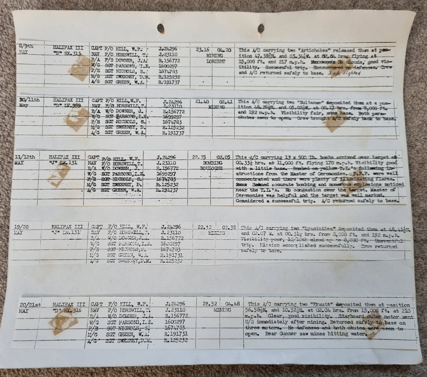 WW2 RAF Flying Log Book to Air Gunner I. E. Parsons with 37 Bombing Operations including DDAY with Combat Reports