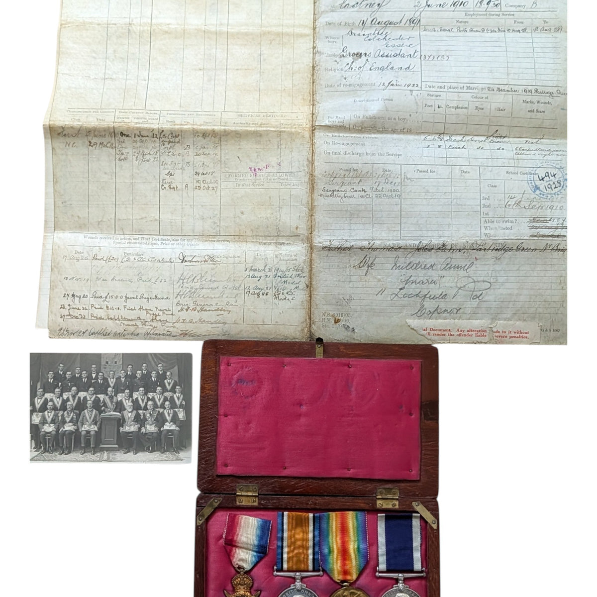 WW1 Royal Marines Light Infantry Medal Quartet & Service / Masonic Papers - George Thomas Norman