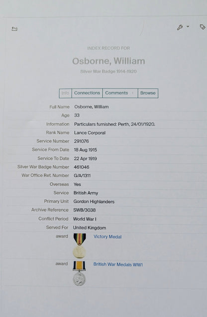 WW1 British Army Gordon Highlanders Sporran & WW1 War Medal - Both Named to William A Osborne