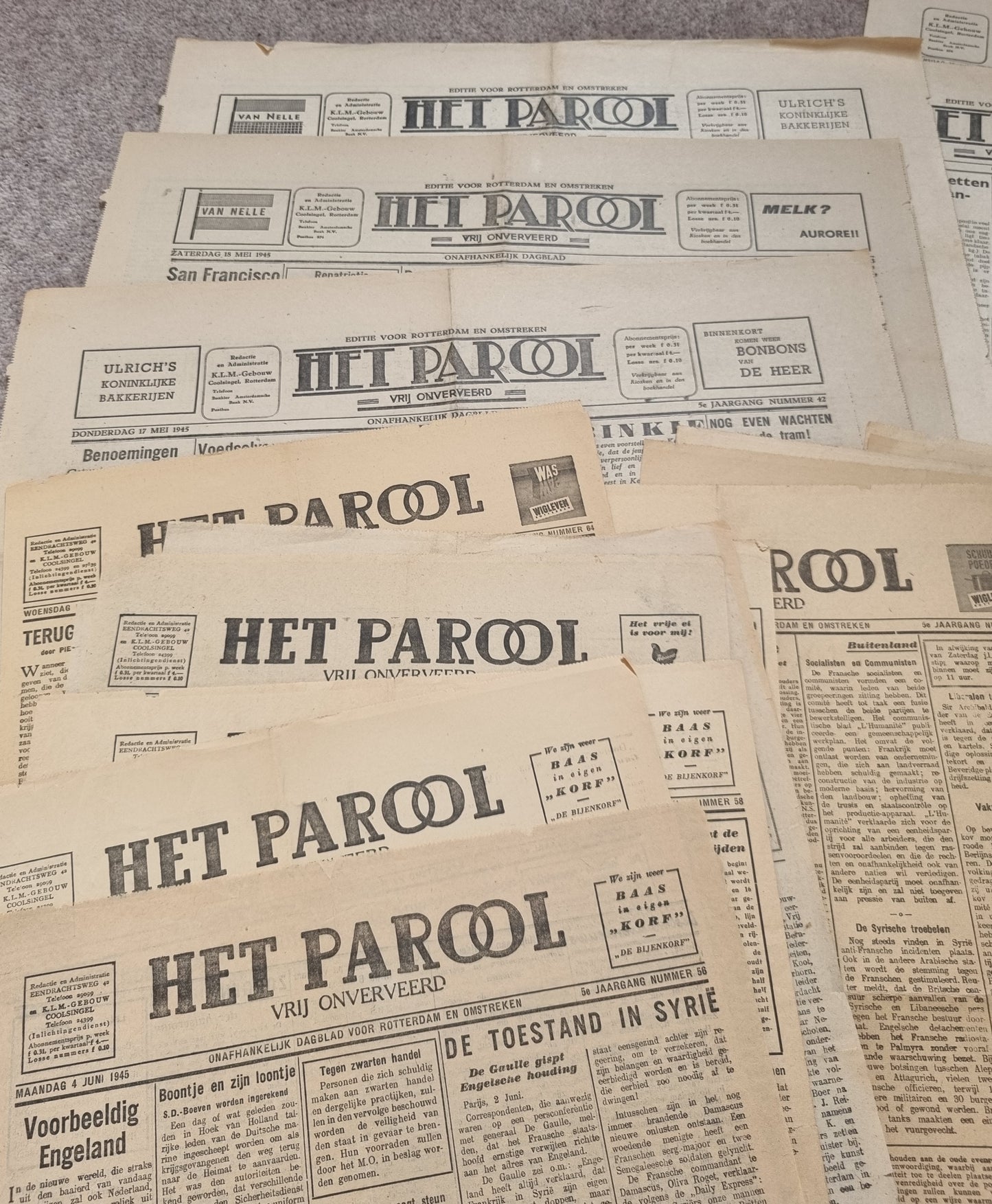 70 Editions of WW2 Dutch Resistance Newspaper ‘HET PAROOL’ May-Aug 1945