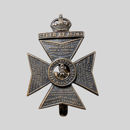 WW1 Era Kings Royal Rifle Corps Blackened Brass Cap Badge