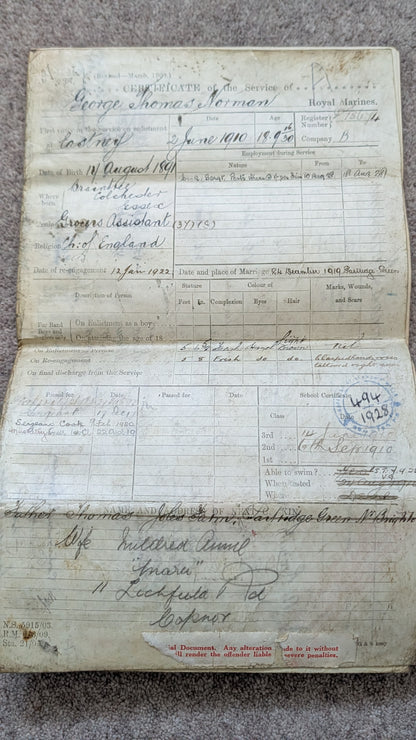 WW1 Royal Marines Light Infantry Medal Quartet & Service / Masonic Papers - George Thomas Norman