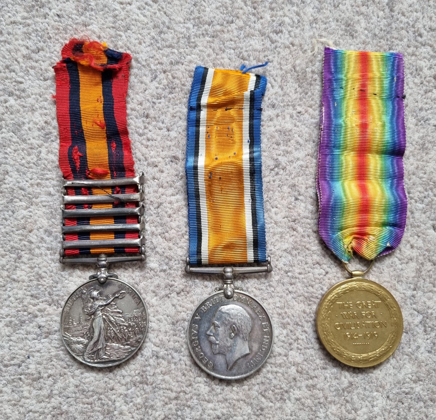 Boer War & WW1 British Medal Trio With 5 Bar Queens South Africa Medal to James Miller - South African Constabulary & Army Service Corps