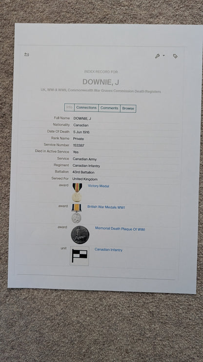 SOLD! WW1 Canadian Memorial Cross, Silver with chain 1914-18 - Pte J Downie