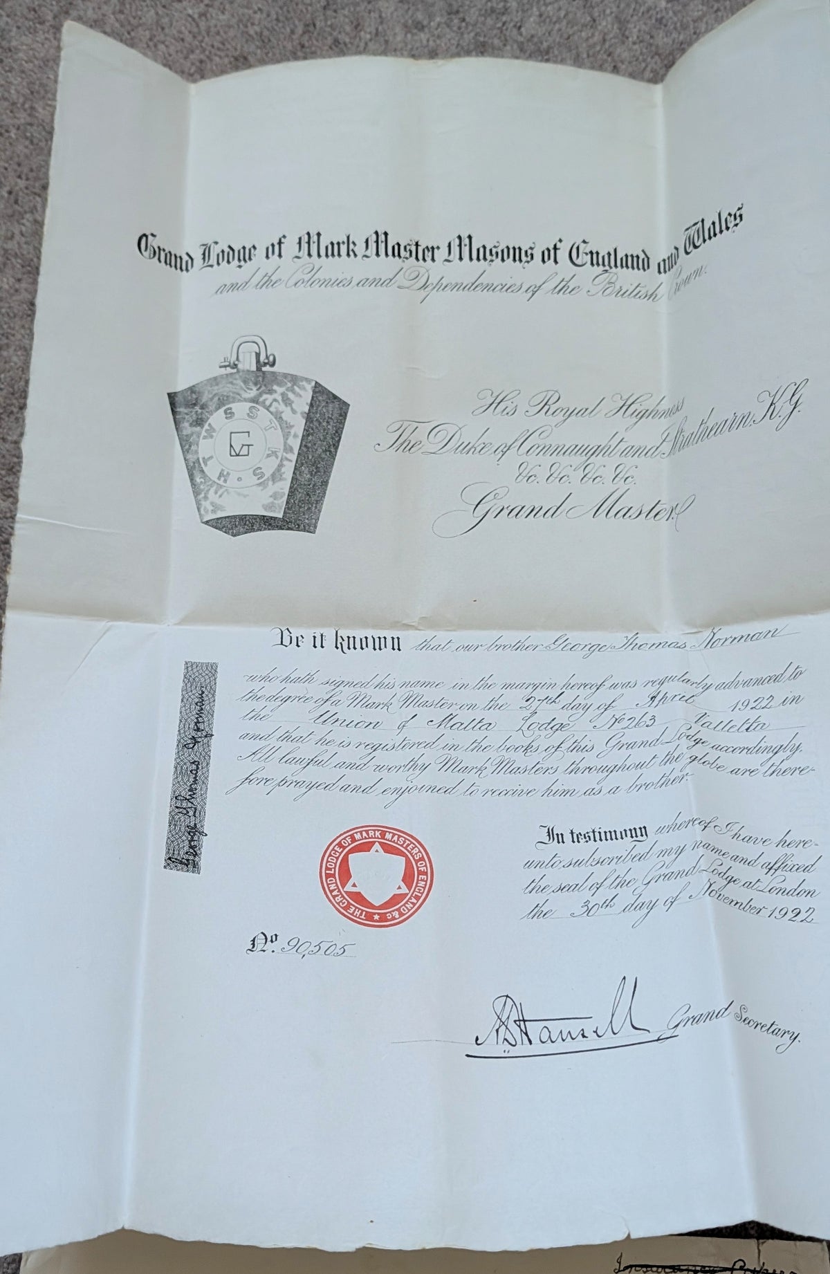 WW1 Royal Marines Light Infantry Medal Quartet & Service / Masonic Papers - George Thomas Norman