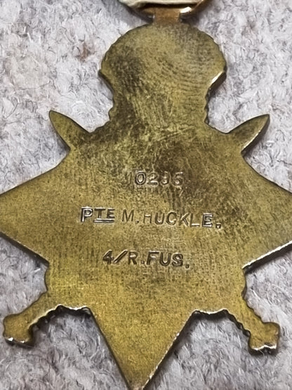 SOLD! WW1/WW2 Nimy Bridge British Army 1914 Mons Star and Clasp Medal Group to Private Mark Huckle - 4th Royal Fusiliers BEF