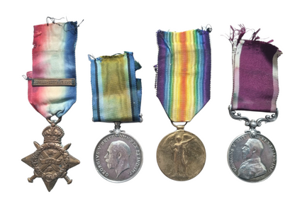 SOLD! WW1 4 Medal Group Mons Star with 5th Aug Clasp and LS&GC medal - George Belford 1 Btn South Wales Borderers BEF Wounded 17th Nov 1914