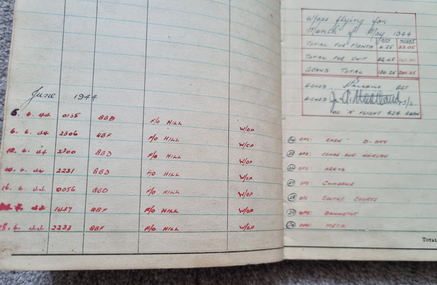 WW2 RAF Flying Log Book to Air Gunner I. E. Parsons with 37 Bombing Operations including DDAY with Combat Reports