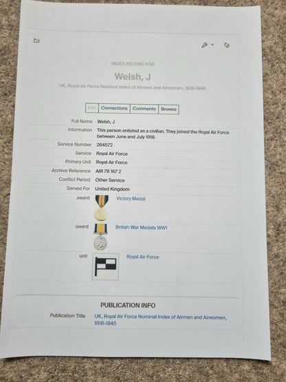 SOLD! WW1 British Medal Duo Private J Welsh Royal Air Force RAF